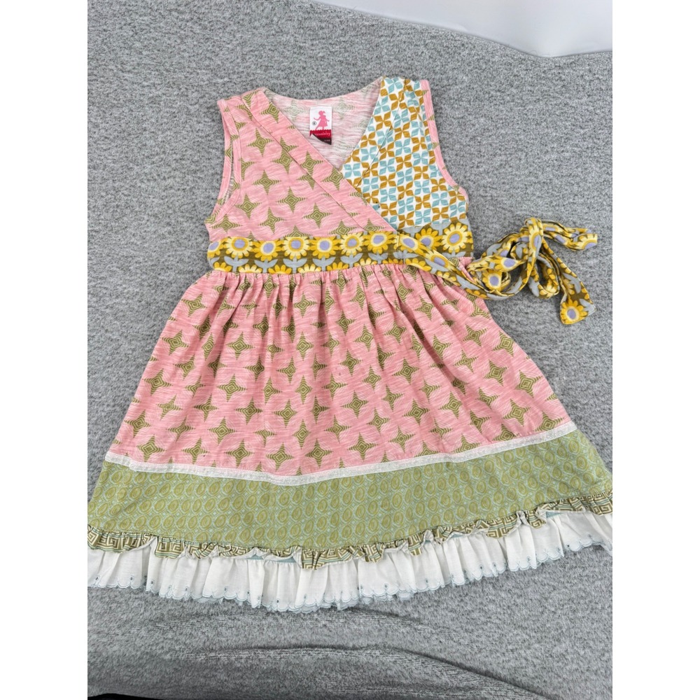 Matilda Jane Serendipity Dress 6 Pink Green Floral Ruffle Eyelet Wrap Belt
